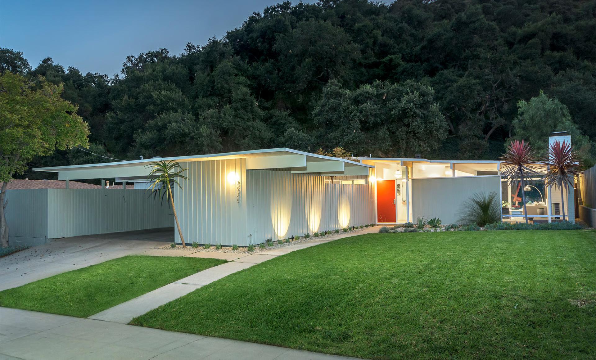 Midcentury Modern home at dusk